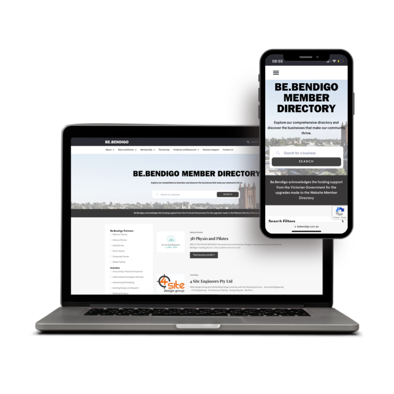 image of laptop displaying be.bendigo member directory and phone showing directory